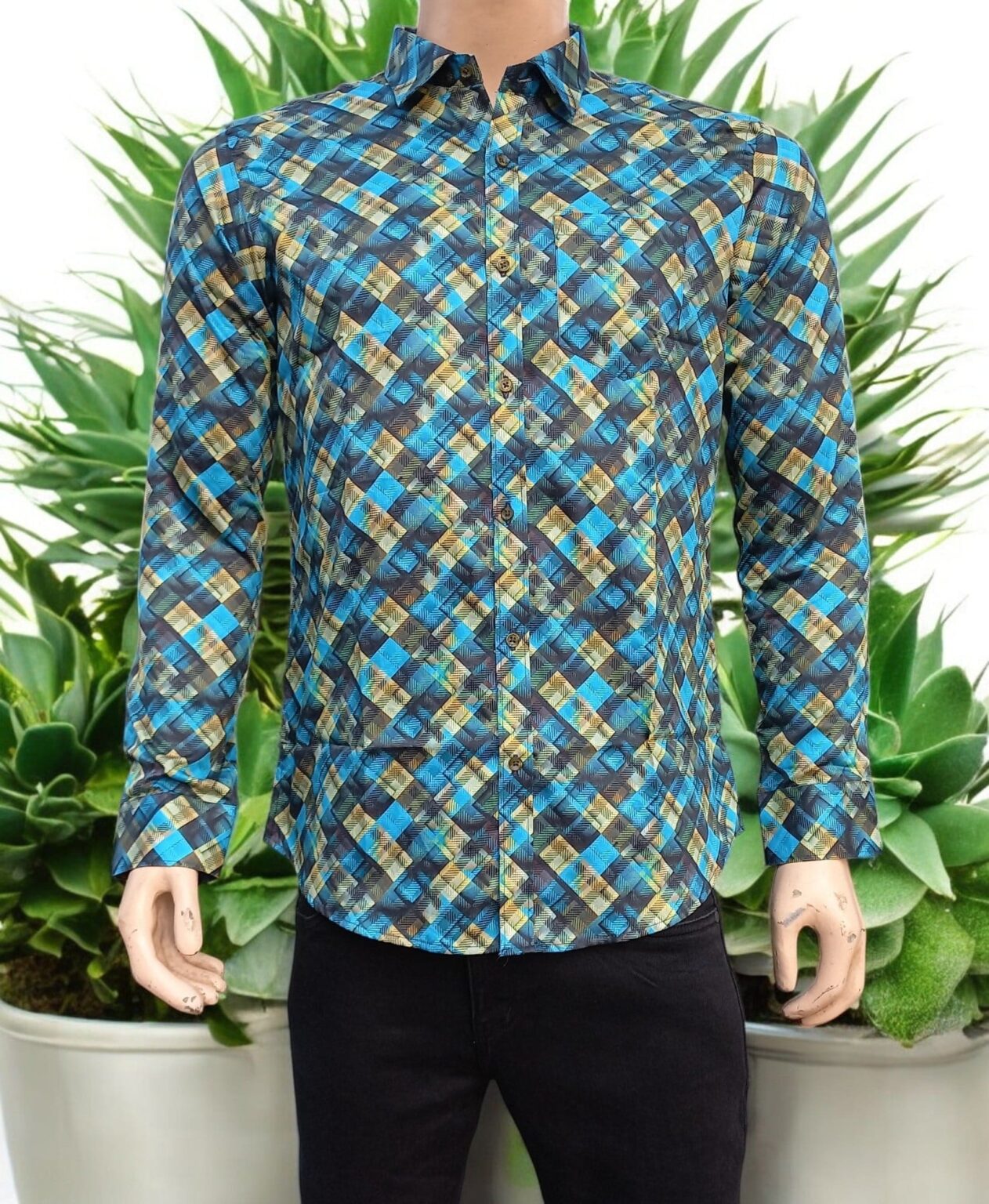 Men's Vibrant Geometric Printed Full Sleeve Shirt – Blue & Black - Image 2