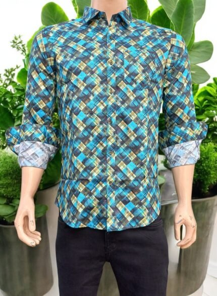 Men's Vibrant Geometric Printed Full Sleeve Shirt – Blue & Black