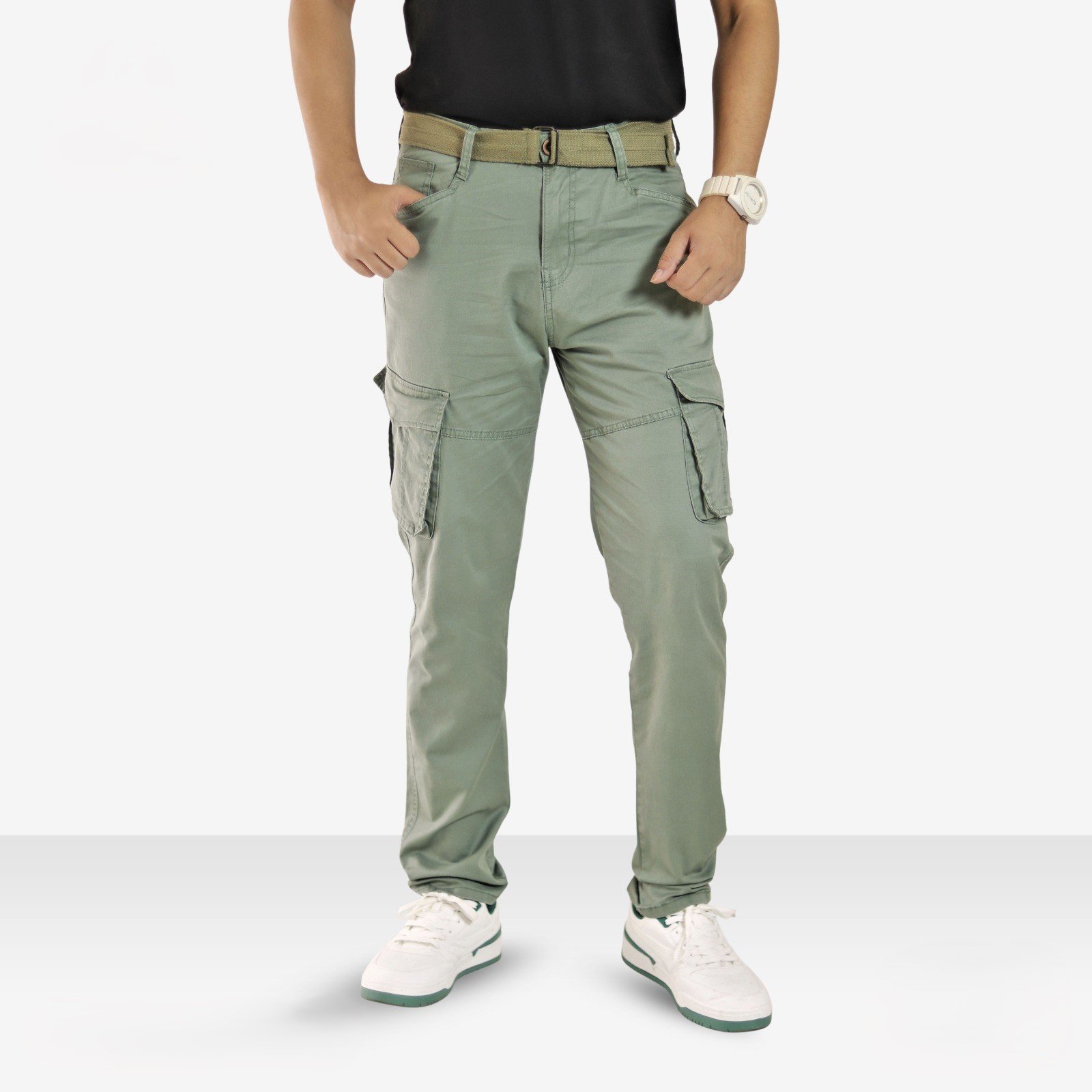 Men’s Slim Fit Cargo Pant with Belt – Olive Green - Image 2
