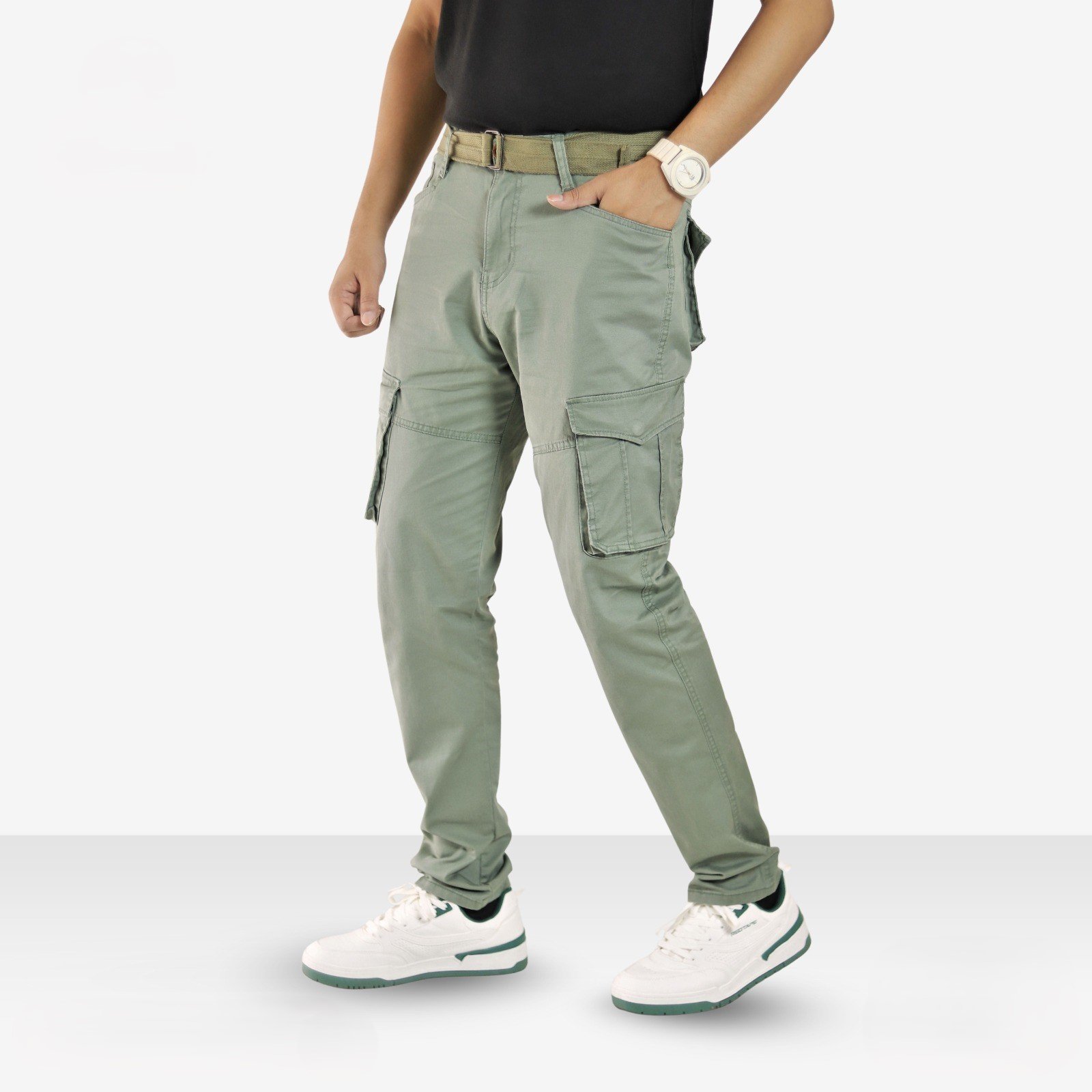 Men’s Slim Fit Cargo Pant with Belt – Olive Green